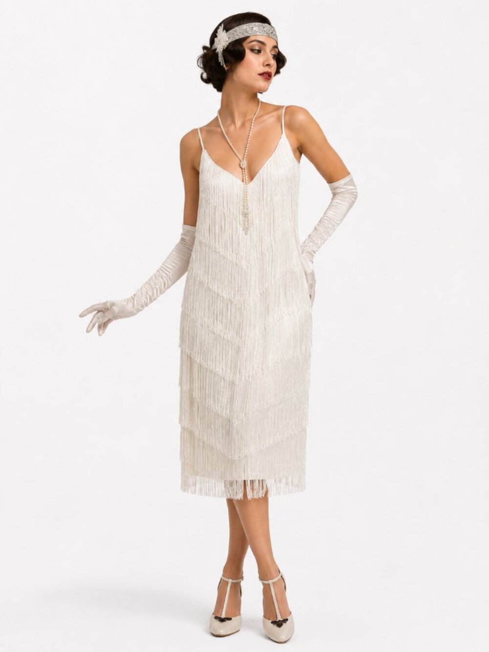VINTAGE 70s Fringe Flapper Gatsby Dress Joy Stevens Ivory 12